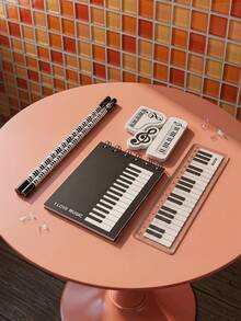 Joivida 1Pc/3Pcs Stationery Set, Holiday Event Gift, Piano Note Theme, Combo Including Pencils, Rulers, Erasers And Notebooks With Black-And-White Keyboard Patterns - Multicolor - View 2