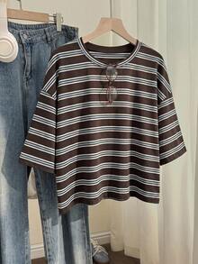 Comfortcana Áo thun ngắn tay casual size lớn thêu hoa 3D, giặt mài, xuân/hè - màu nâu - Xem 4