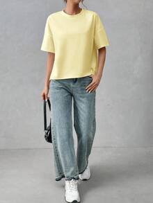 SHEIN Essnce Cream Yellow Pure Cotton Comfortable Women's Minimalist Basic Short Front Long Back T-Shirt, Chic, Suitable For Outings, Matching, Travel, Vacation - Yellow - View 7