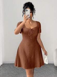 Elenzga Plus Size Fitted Slimming Fashion Yellow Jacquard Dress - Brown - View 5
