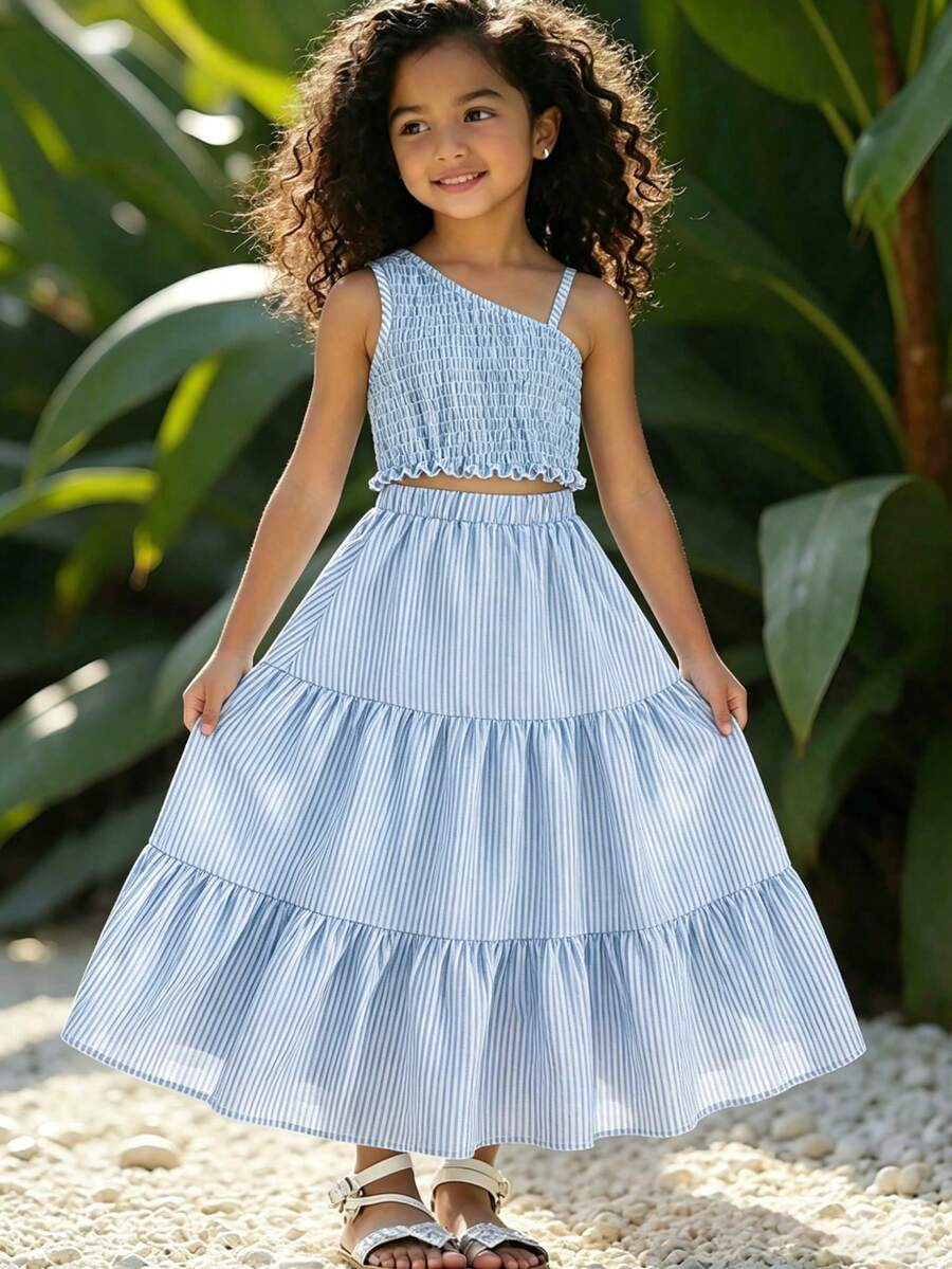 SHEIN Elladie kids 女童新款清新度假風單肩抹胸無袖上衣 + 藍白直條紋紋理層次荷葉邊裙 2件套，適合海灘度假、外出、公園、短途旅行、生日派對、下午茶、親子活動、遊樂園、夏季