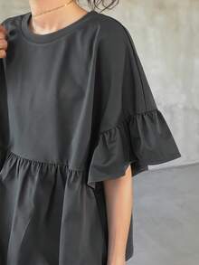 FRIFUL Camiseta de mujer de cuello redondo con mangas con volantes, versátil y de moda para el verano - Gris - Ver 4