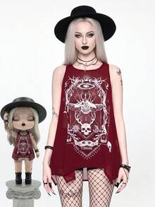 ROMWE Goth 女款深色骷髏昆蟲骨架星盤 A 字版型長版寬鬆背心上衣 - 酒紅色 - 查看 2