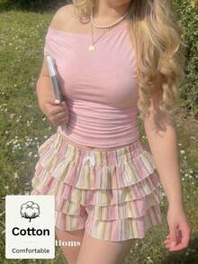 SHEIN MOD 大尺碼彩色條紋多層荷葉邊裙褲，女款夏季日常休閒復古甜美度假海灘風 - 彩色 - 查看 1
