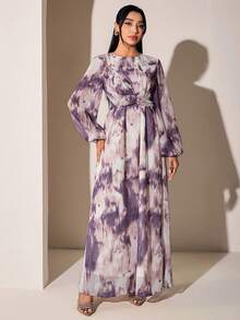 Veilorie Women's Grey Round Neck Lantern Sleeve Elegant Graphic Arabian Dress Wedding Mother Of The Bride Bride Bachelorette Autumn - Multicolor - View 3