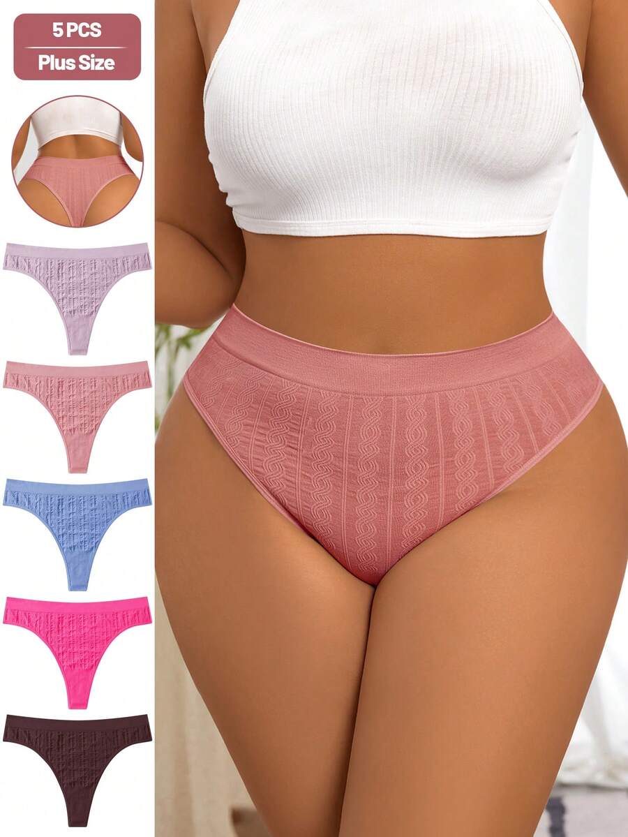 SHEIN 5 piezas Bragas tipo tanga sexys de punto acanalado sin costuras cómodas y básicas de color liso para mujer talla grande - Multicolor - Ver 1