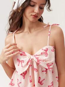 Elorette Conjunto de Pijama Feminino com Alça Fina e Laço Romântico - Rosa chiclete - Visão 7