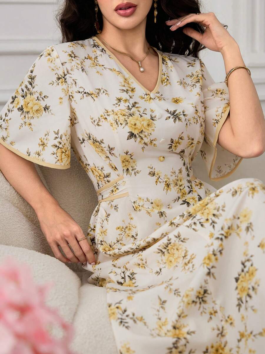Al Najma 女款V領花卉印花休閒優雅端莊派對正式晨禮洗禮賓客阿拉伯風洋裝 白色冬季 - 彩色 - 查看 1