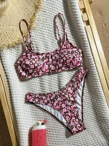 Swim Mod Women's 2-Piece Bikini Swimsuit Set With Double Shoulder Straps, Ditsy Floral, Ribbed Fabric, For Island Beach Vacation - Coffee Brown - View 2