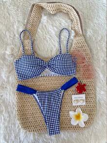 Swim Vcay Conjunto de bikini a cuadros para mujer para vacaciones en la playa, estampado sexy de moda, tirantes de hombro desmontables, bandeau para vacaciones de verano en la playa - Azul y blanco - Ver 2