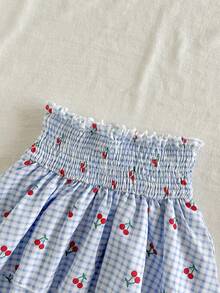 SHEIN Vintaside Kids 女童時尚休閒掛脖無袖修身素色背心搭配甜美時尚格紋數位印花蛋糕裙，適合旅遊、度假、海灘、家庭聚會及派對 - 藍白色 - 查看 6
