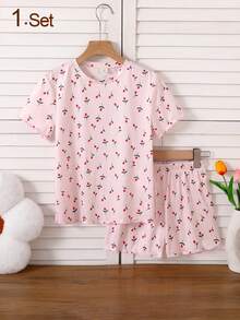 Girls' 2pcs Cute Ditsy Floral Short Sleeve Round Neck Casual Loungewear Set - Pink - View 1