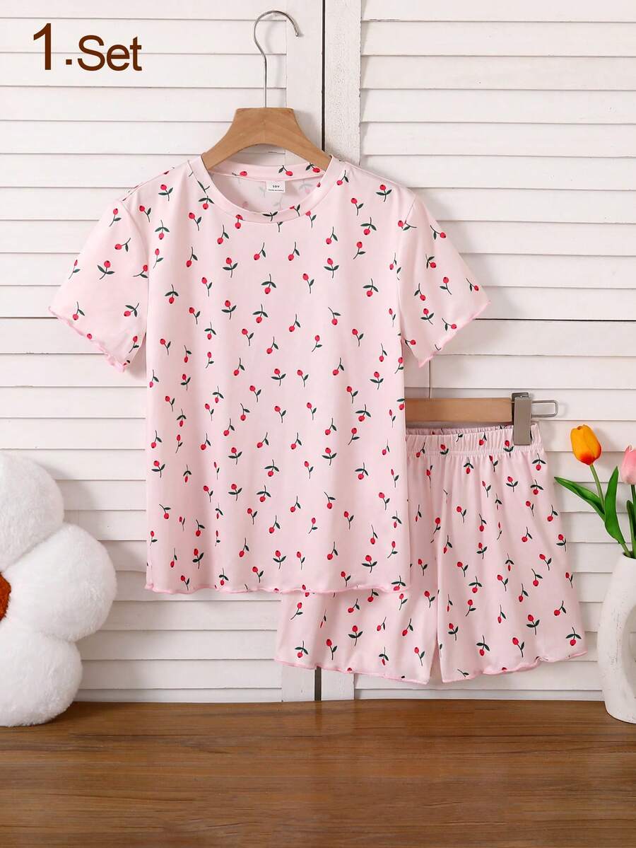 Girls' 2pcs Cute Ditsy Floral Short Sleeve Round Neck Casual Loungewear Set - Pink - View 1