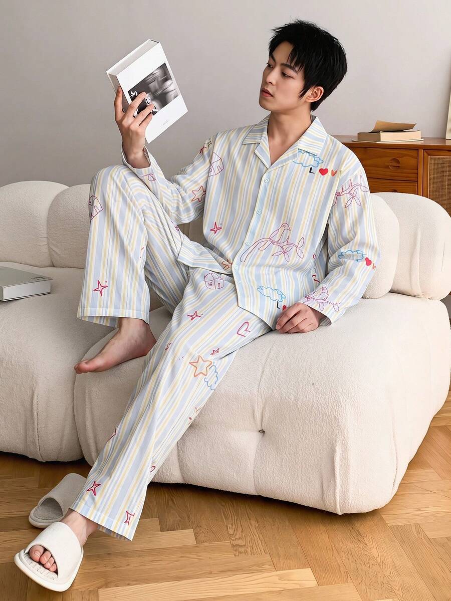 DAZY 男士長袖花卉條紋多色襯衫與短褲居家休閒套裝 - 彩色 - 查看 1