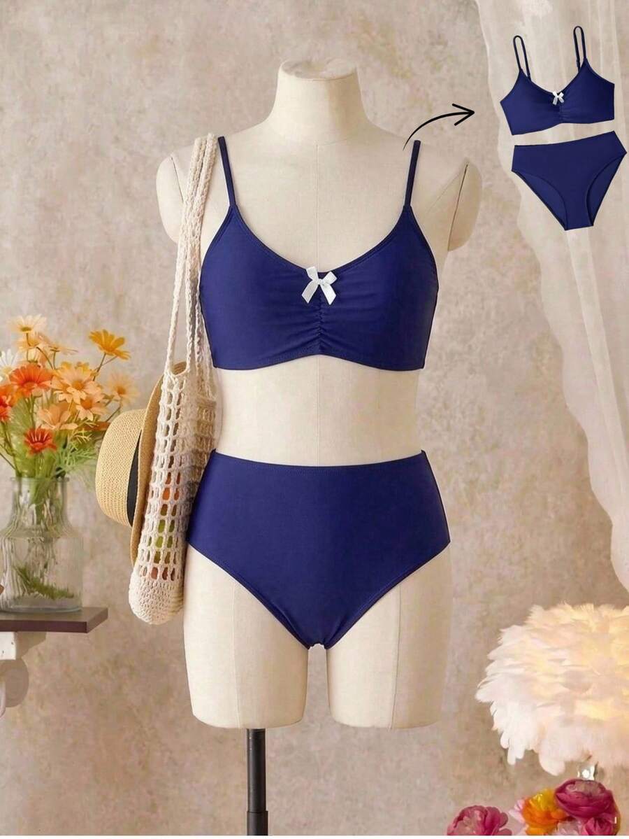 SHEIN 少女纯色针织比基尼套装,藏蓝色,V领,蝴蝶结装饰,无袖,两件式泳衣,时尚优雅,适合游泳、海滩、泳池、夏季假期等场合。 - 藏蓝色 - 查看 1
