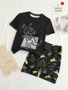 2件/套 男童大童卡通恐龍圖案圓領針織短袖短褲緊身居家服套裝，親膚柔軟材質，適合夏季穿著 - 黑色 - 查看 3
