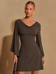 COSMINA Women's Draped Neck Bell Sleeve Long Sleeve Solid Color Draped Neck Versatile Dress - Brown - View 1