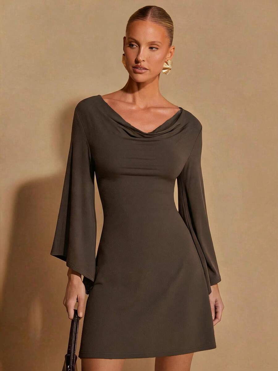 COSMINA Women's Draped Neck Bell Sleeve Long Sleeve Solid Color Draped Neck Versatile Dress - Brown - View 1
