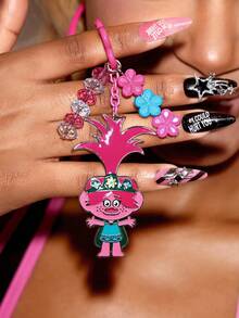 SHEIN Trolls Stylish Silver Zinc Alloy Cartoon Keychain Pink Flower Beaded Bag Pendant Pendant Commemorative Collection Gift Jewelry - Multicolor - View 2