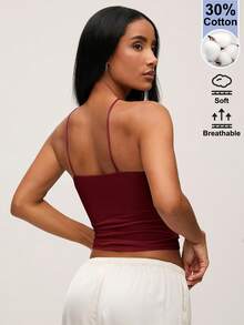 SHEIN BASICS 女款素色掛脖百褶修身百搭日常外出上衣 - 酒紅色 - 查看 2