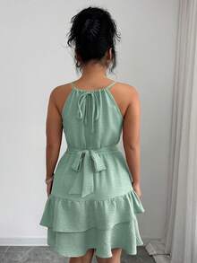 Elenzga Elegant Halter Neck Beaded Tie Strap Cold Shoulder Ruffle Tiered Plus Size Dress Formal Vacation Sage Green Summer - Green - View 2
