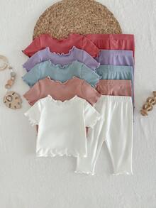 Loomiva Newborn Baby Girl Baby Boy Unisex All-Season Solid Color Versatile Knit Ribbed Soft Comfortable T-Shirt And Pants Basic Style Multi-Set 10pcs Washable Versatile Indoor Outdoor Holiday Multiple Occasions Suitable - Multicolor - View 3