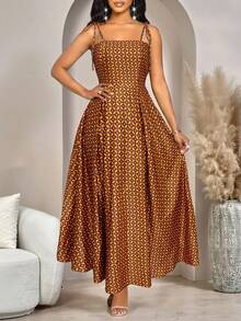SHEIN Lady Women's Retro Geometric Print Suspender Dress Holiday Outfits For Women Summer Dresses Beach Casual Brown Skirt - Ginger - View 5