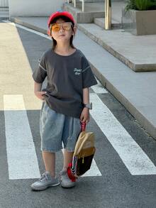 DAZY Loose Graphic Print Short Sleeve Casual T-Shirt For Young Boys Summer - Dark Grey - View 2
