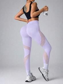SHEIN Sports 無縫高彈力瑜珈健身網格運動緊身褲 - 淡紫色 - 查看 2