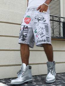 Manfinity EMRG Men's Hip Hop Street Style 3D Print Washed Denim Shorts - Grey - View 6