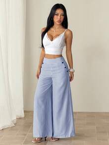 SHEIN PETITE Women's Casual Sexy Blue And White Stripe Button Decor Wide Leg Pants,Petite Women Beach Autumn - Blue and White - View 4