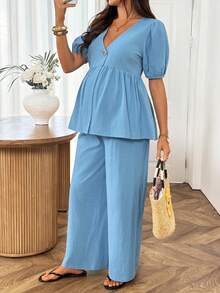 SHEIN Two-Piece Set Baby Blue Maternity Shirt And Adjustable Elastic Pants Summer Casual Vacation Style Cotton Photoshoot - Blue - View 5