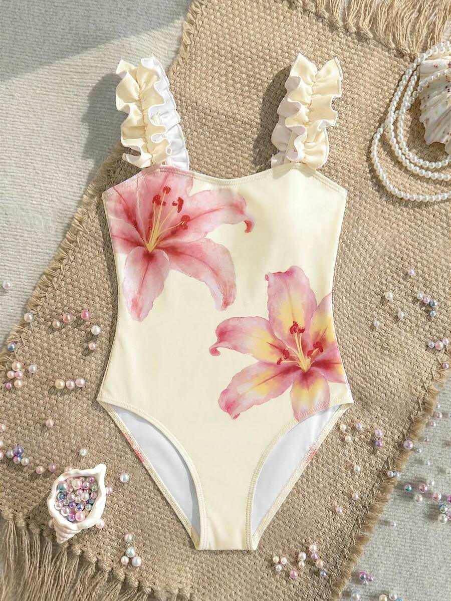 SHEIN 青少年女孩花卉印花連身泳衣,適合海邊度假、泳池派對、海灘派對 - 黃色 - 查看 1