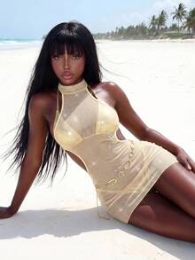 Amplova Women's One-Piece Swimsuit Cover Up, Halter Backless Mini Tight Sheer Sexy Avant-Garde For Swimwear Y2K Summer Festival Club Nightout Party Silver - Gold - View 10