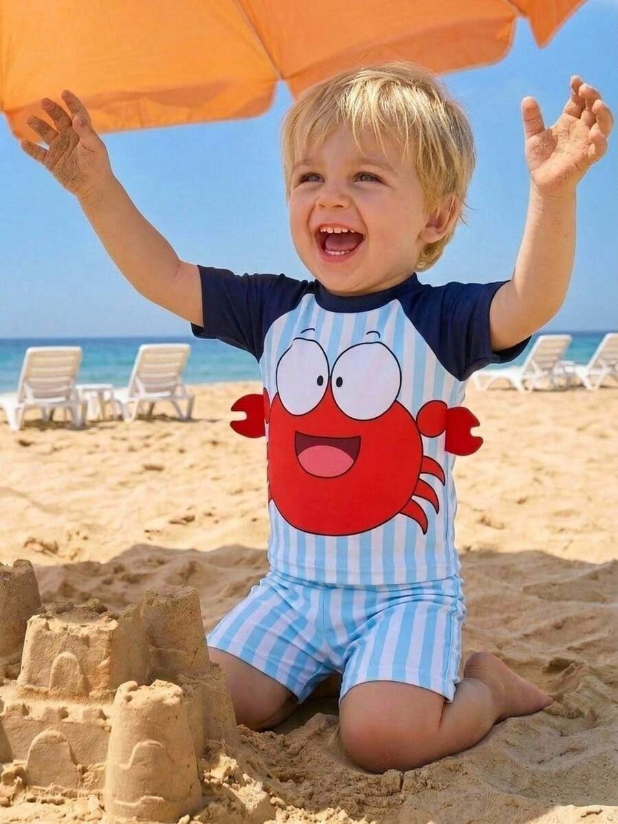SHEIN Infant & Toddler Crab Print Short Sleeve T-Shirt & Shorts Swimsuit Set - Multicolor - View 1