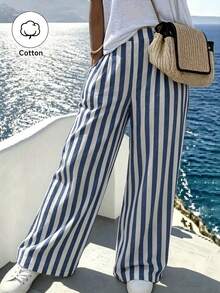 Omancia Women's Spring/Summer Cotton Blend Striped Loose Versatile Long Pants, Suitable For Travel, Home And Outdoor - Blue and White - View 6