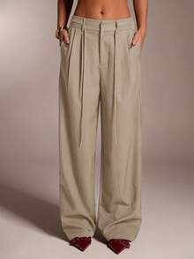 SHEIN Tall CURVE 大码女式纯色口袋休闲百搭日常裤 - Volcanic Gray - 查看 5