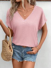 SHEIN Frenchy Women's Solid Color V-Neck Batwing Short Sleeve Casual Versatile T-Shirt - Baby Pink - View 6