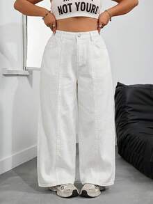 SHEIN PETITE CURVE Plus Size Women's Pocket Wide Leg Loose Casual Versatile Denim Jeans - White - View 4