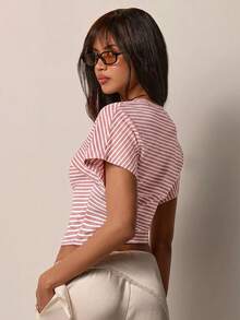 COSMINA 女款夏季休閒條紋蝙蝠袖T恤 - 粉色 - 查看 2