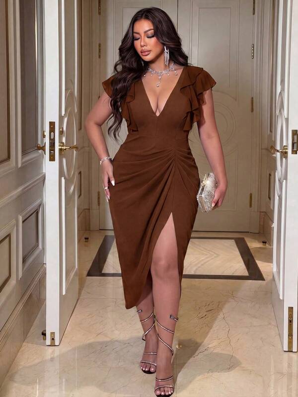 NU&NOW Plus Size Women Summer Elegant Chocolate Brown Autumn Night Out Club V-Neck Ruffle Sleeve Dress,Drawstring Pleated Side Slit Slim Midi Dress  Party