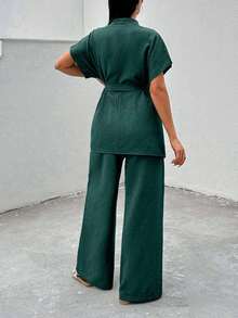 EURMUSE Women Summer Solid Color Batwing Sleeve Tie Front Shirt And Pants Casual 2-Piece Set - Dark Green - View 2