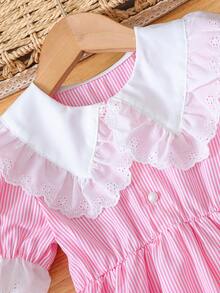 SHEIN Genkimix Kids 女童粉色條紋刺繡蕾絲飾邊彼得潘領短袖A字洋裝 返校季夏季秋季 - 粉色 - 查看 5