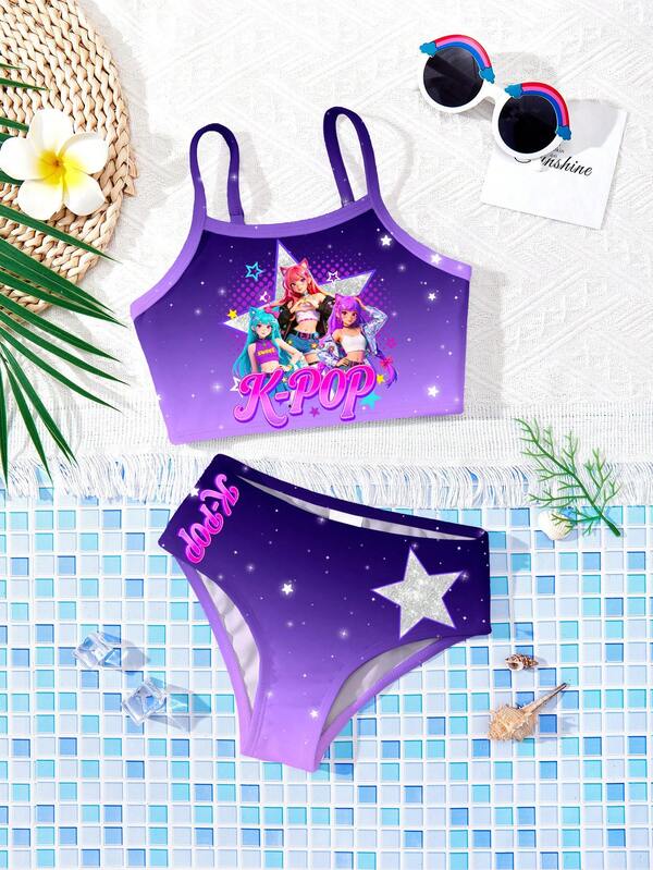 Conjunto de Traje de Baño de Camisola Ajustada y Braguita de Bikini con Estampado de Letras y Estrellas de Grupo de Chicas K-POP, Estilo Casual Minimalista para Niñas Jóvenes, Adecuado para Verano, Estampado Gráfico, Dibujos Animados, Vintage, Bloques de Color, Y2K, Kawaii, Fiesta, Salidas, Uso Diario, Vacaciones, Lindo
