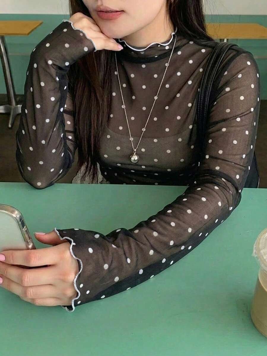 Dazy Plus 撞色拼接立領網紗波點透視上衣 T-shirt - 黑色 - 查看 1