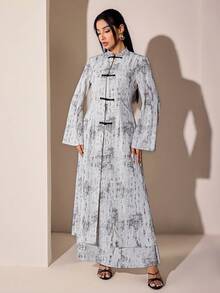 Veilorie Women's Vacation Frog Button Long Sleeve Robe & Long Skirt Arabic Costume Set - Black and White - View 4