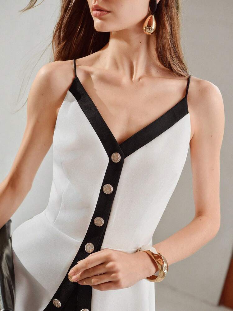 WOMEN'S COLORBLOCK BUTTON DECOR WAIST-CINCHED PEPLUM HEM CAMISOLE TOP