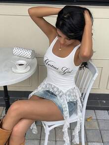 K-Vae 女士字母印花蕾丝拼接修身休闲衬衫 - 白色 - 查看 7