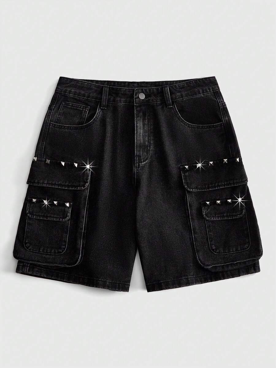 ROMWE MEN Street Life Men's Summer Casual Rivet Decor Denim Shorts - Black - View 1