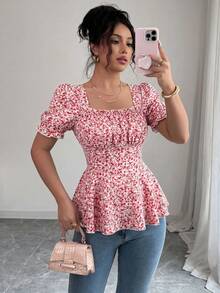 Elenzga Spring/Summer Elegant Vacation Bust Detail Square Neck Waist-Defining Women's Blouse - Multicolor - View 3